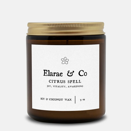Citrus Spell candle in amber jar – energizing citrus and herbs in clean-burning coconut soy wax; hand-poured natural candle for creativity and clarity